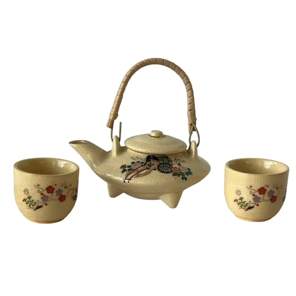 Vintage Japanese Miniature Tea Set Boxed Teapot 2 Cups Crackle Floral Ox Cart
